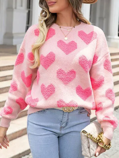 🌸 Heart Round Neck Dropped Shoulder Sweater 🌸