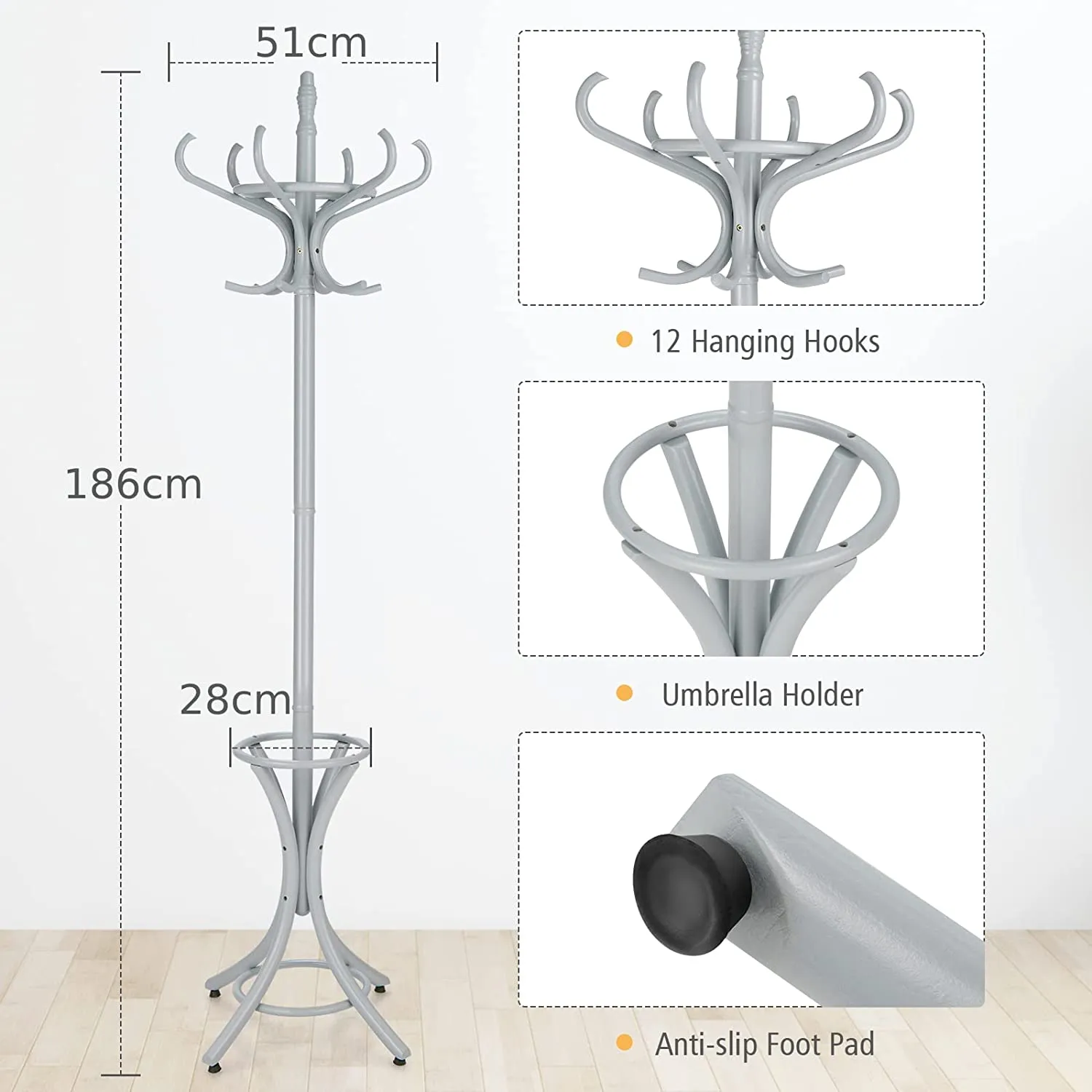 12 Hooks Freestanding Coat Rack with Umbrella Holder-Grey