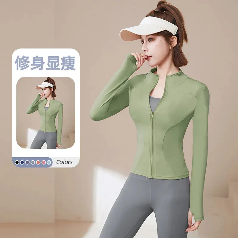 2024 Women Sport Jacket Zipper Yoga Coat Clothes Quick Dry Fitness Jacket Running Hoodies Thumb Hole Sportwear Gym Workout Top