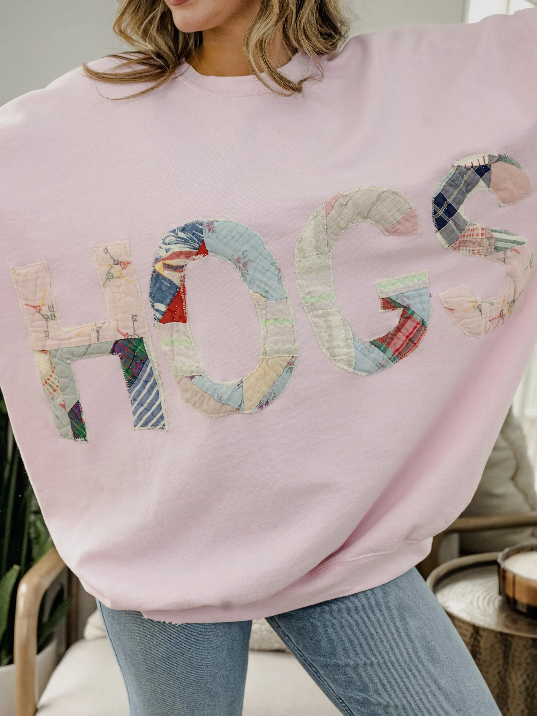 2XL Hogs Quilted Applique Pink Thrifted Sweatshirt