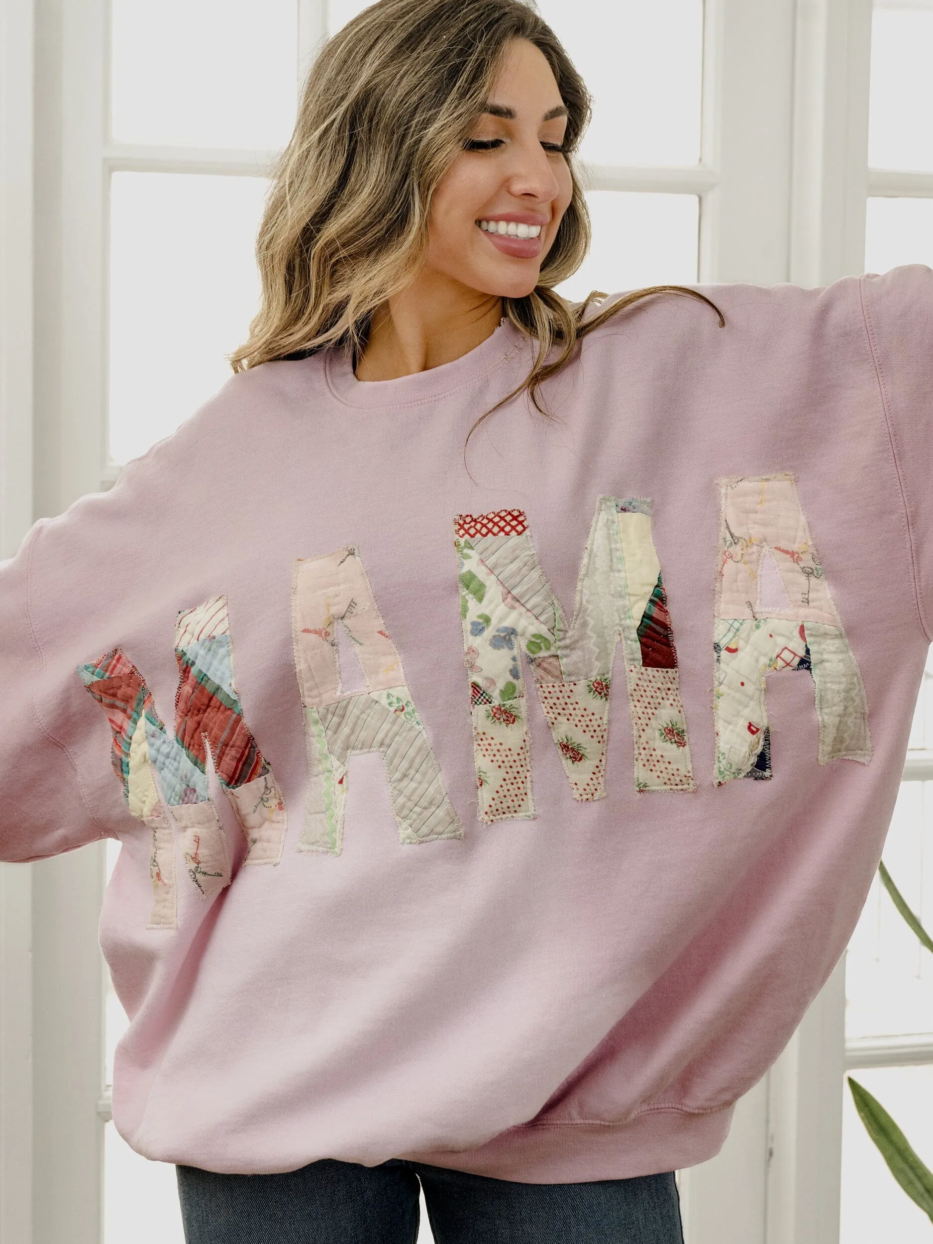 2XL MAMA Quilted Applique Pink Thrifted Sweatshirt