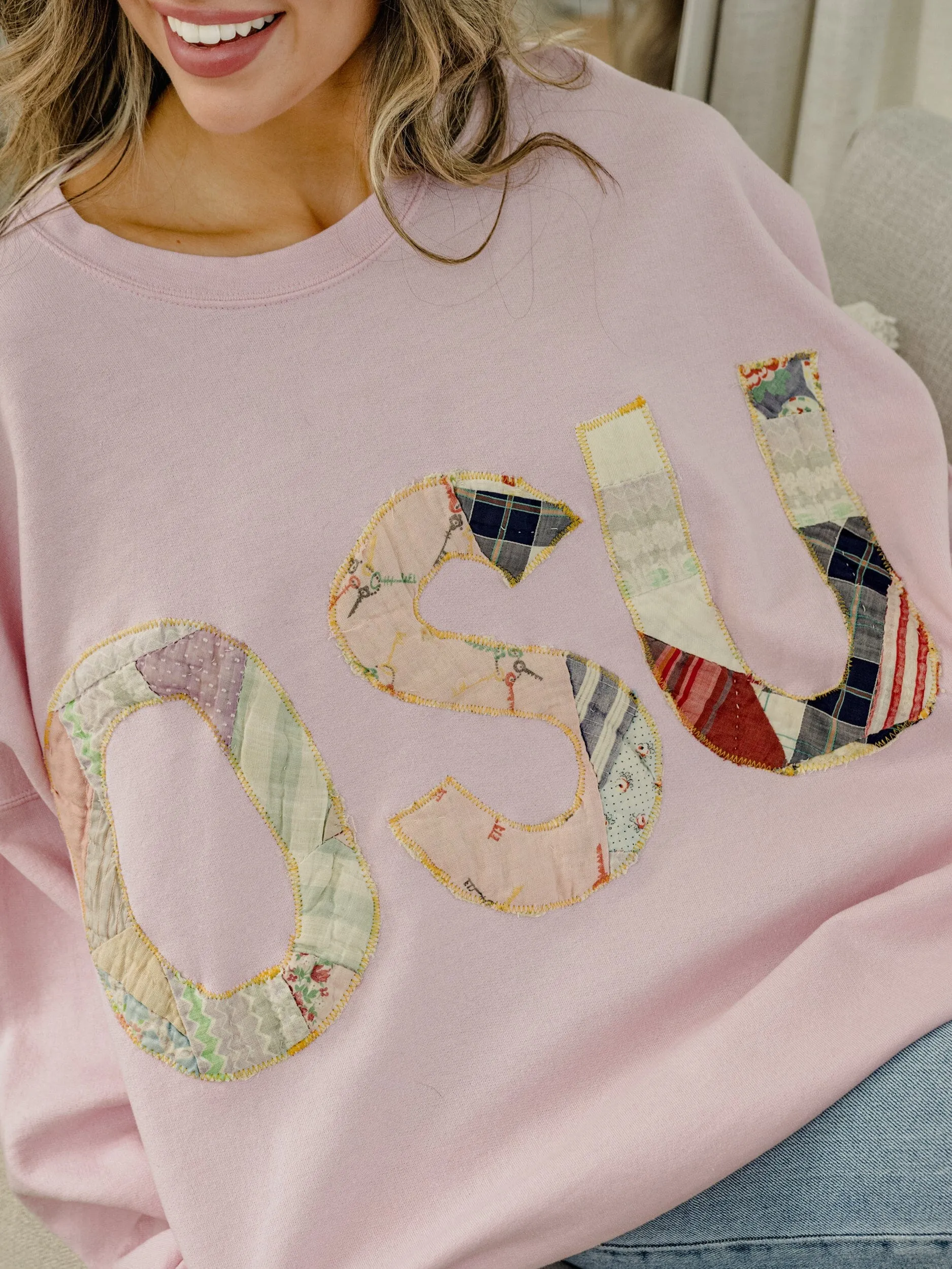 2XL OSU Quilted Applique Pink Thrifted Sweatshirt