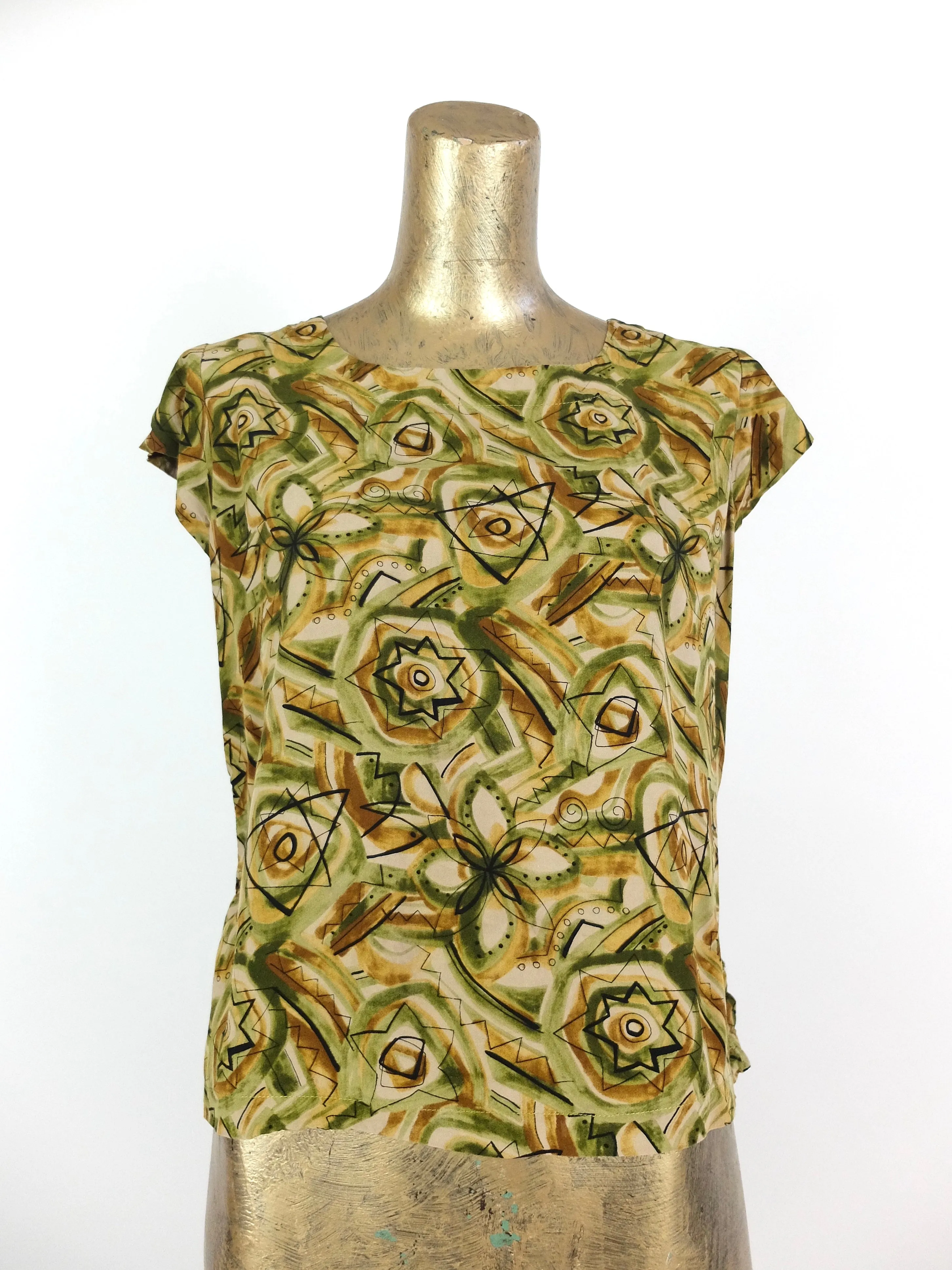 80s Green Abstract Short Cap Sleeve Pullover Scoop Neck Blouse