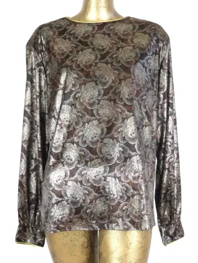 80s Silky Floral Abstract Long Sleeve Pullover Disco Blouse