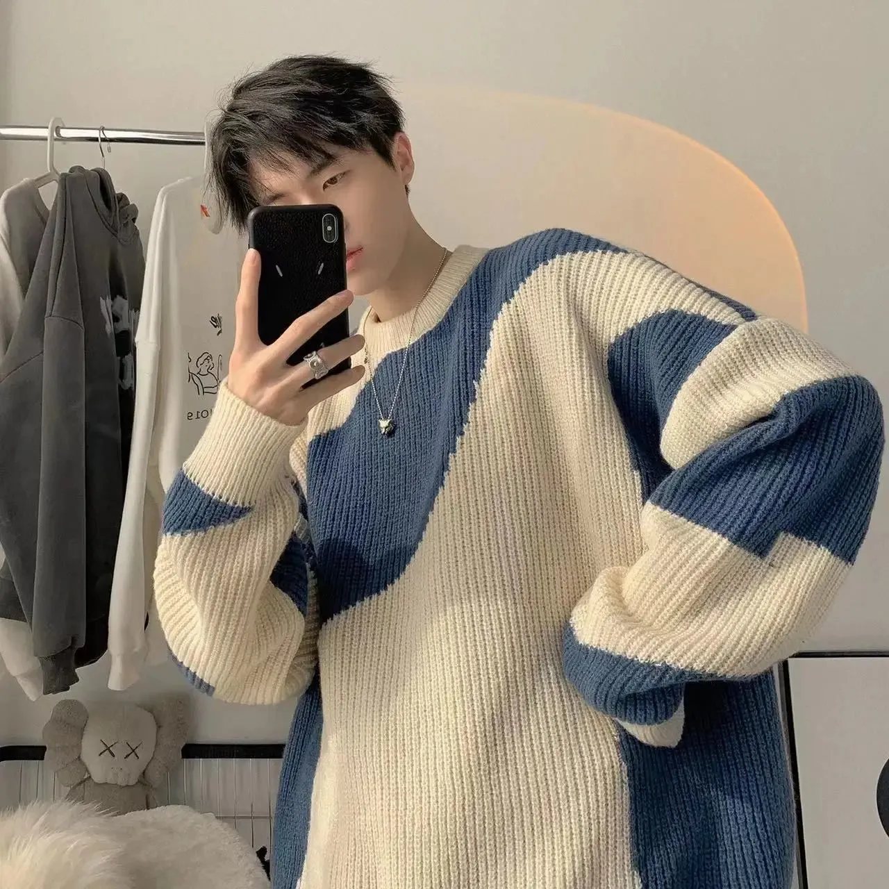 Aidase Sweater Handsome Male Student Wearing Knitted Sweater Autumn and Winter Round Neck Contrasting Coarse Yarn Knitted Sweater