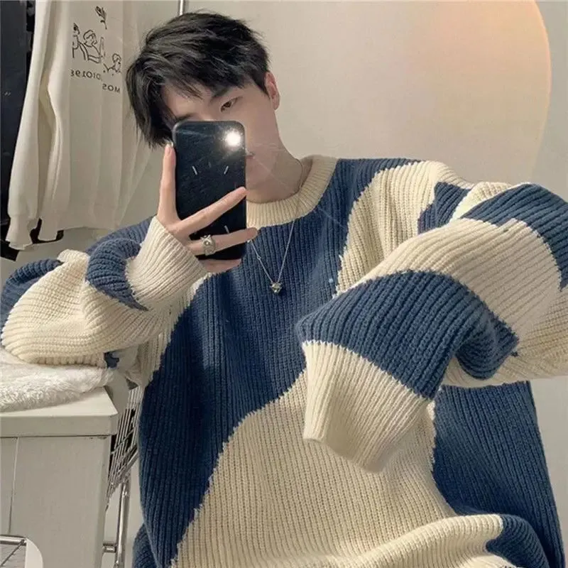 Aidase Sweater Handsome Male Student Wearing Knitted Sweater Autumn and Winter Round Neck Contrasting Coarse Yarn Knitted Sweater