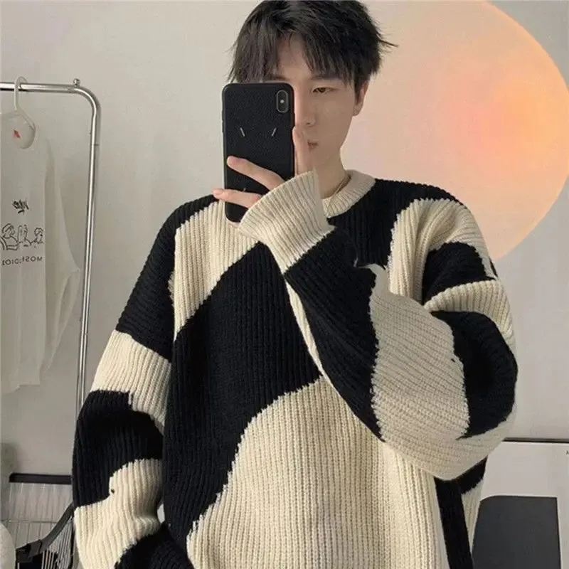 Aidase Sweater Handsome Male Student Wearing Knitted Sweater Autumn and Winter Round Neck Contrasting Coarse Yarn Knitted Sweater