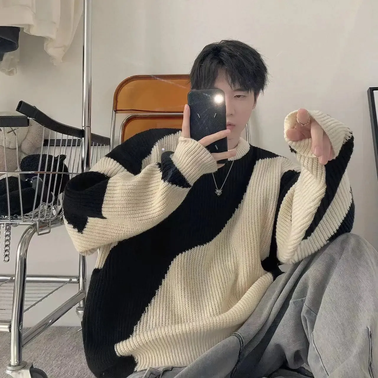 Aidase Sweater Handsome Male Student Wearing Knitted Sweater Autumn and Winter Round Neck Contrasting Coarse Yarn Knitted Sweater