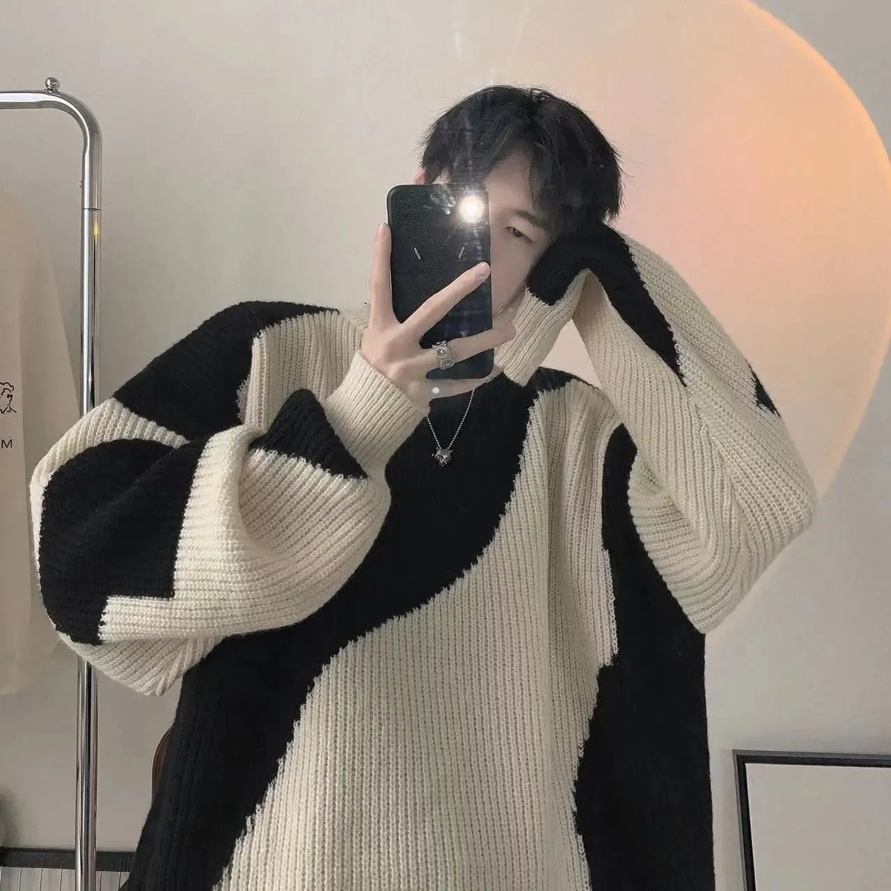 Aidase Sweater Handsome Male Student Wearing Knitted Sweater Autumn and Winter Round Neck Contrasting Coarse Yarn Knitted Sweater