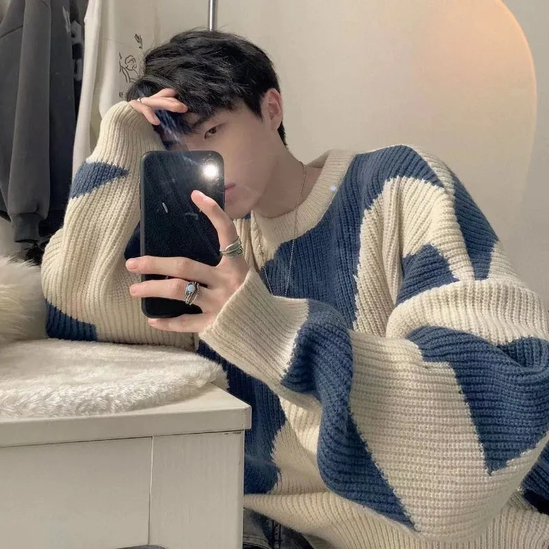 Aidase Sweater Handsome Male Student Wearing Knitted Sweater Autumn and Winter Round Neck Contrasting Coarse Yarn Knitted Sweater