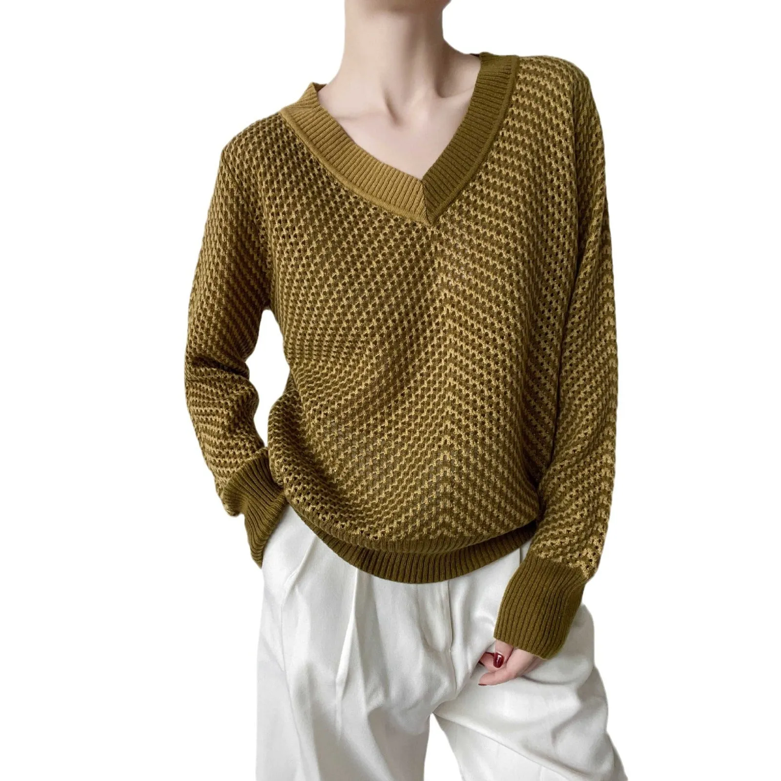 Amozae discover style ideas Knitted Women's Slim Fit Versatile Korean Style Fashion Hollow Design Pullover Autumn Thread Texture Slimming