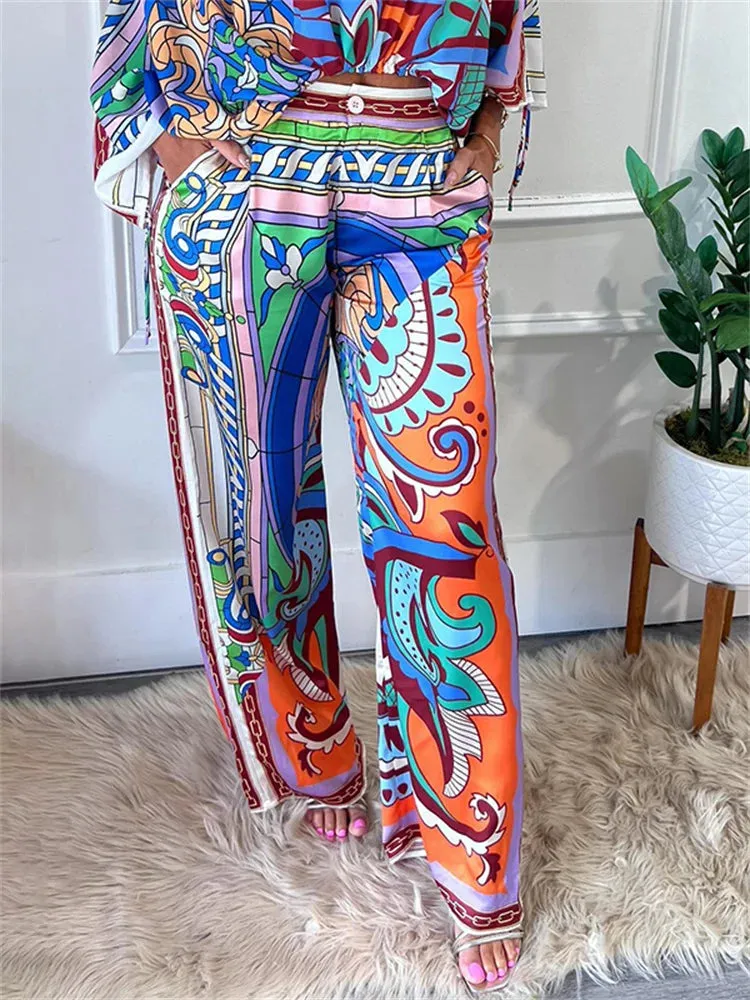 Amozae-Modigirl Women Pant Sets Outfit Summer 2024 Retro Abstract Printed Tops Blouses And High Waisted Long Pants Trousers 2 Suits