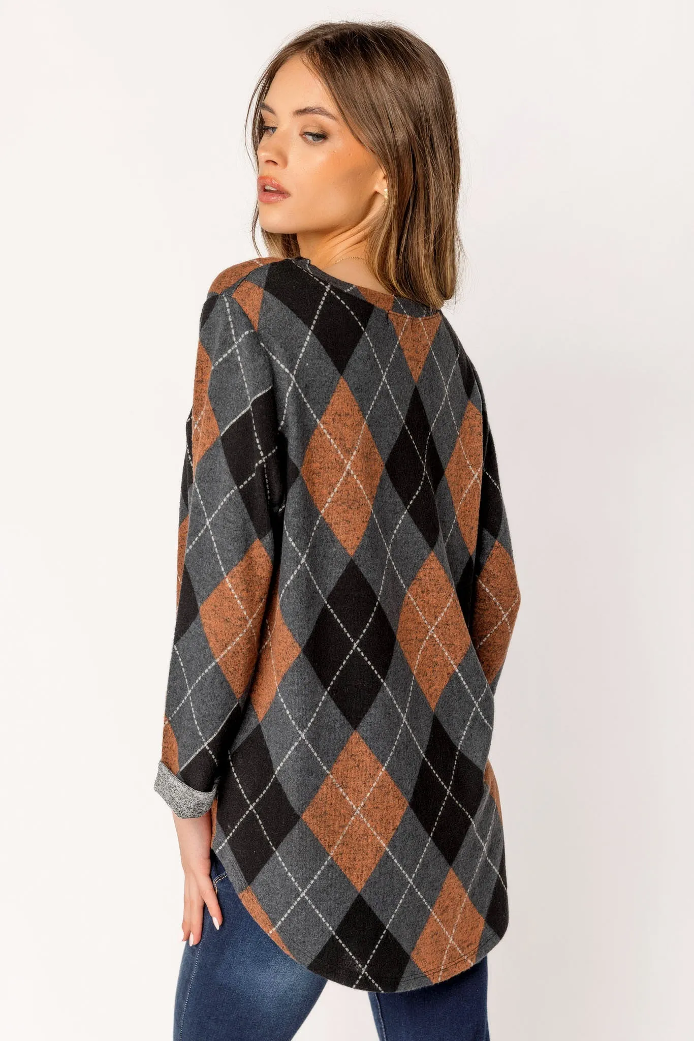 Argyle Print 3/4 Sleeve Scoopneck Supersoft Sweater