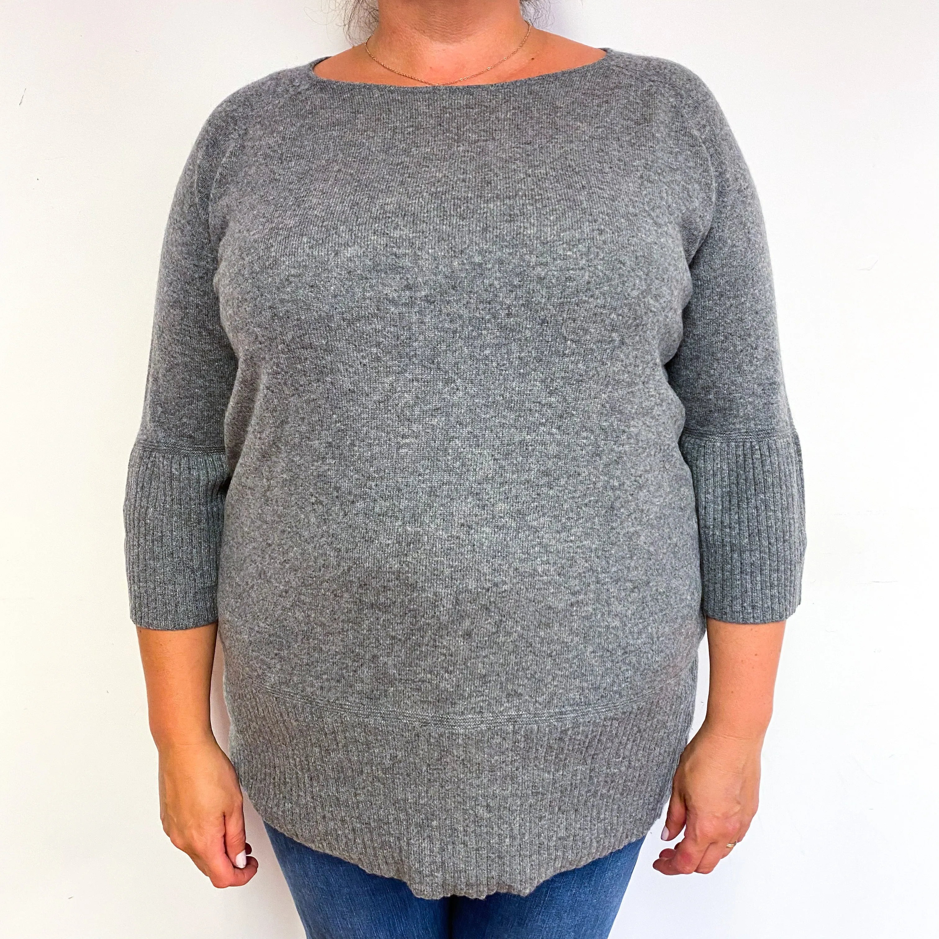 Ash Grey 3/4 Sleeve Cashmere Crew Neck Jumper Extra Extra Large