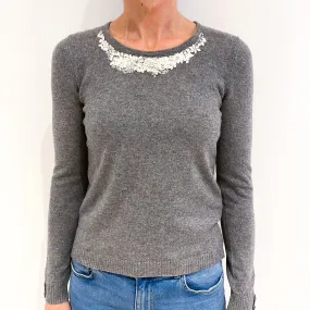 Ash Grey Cashmere Embroidered Crew Neck Jumper Small