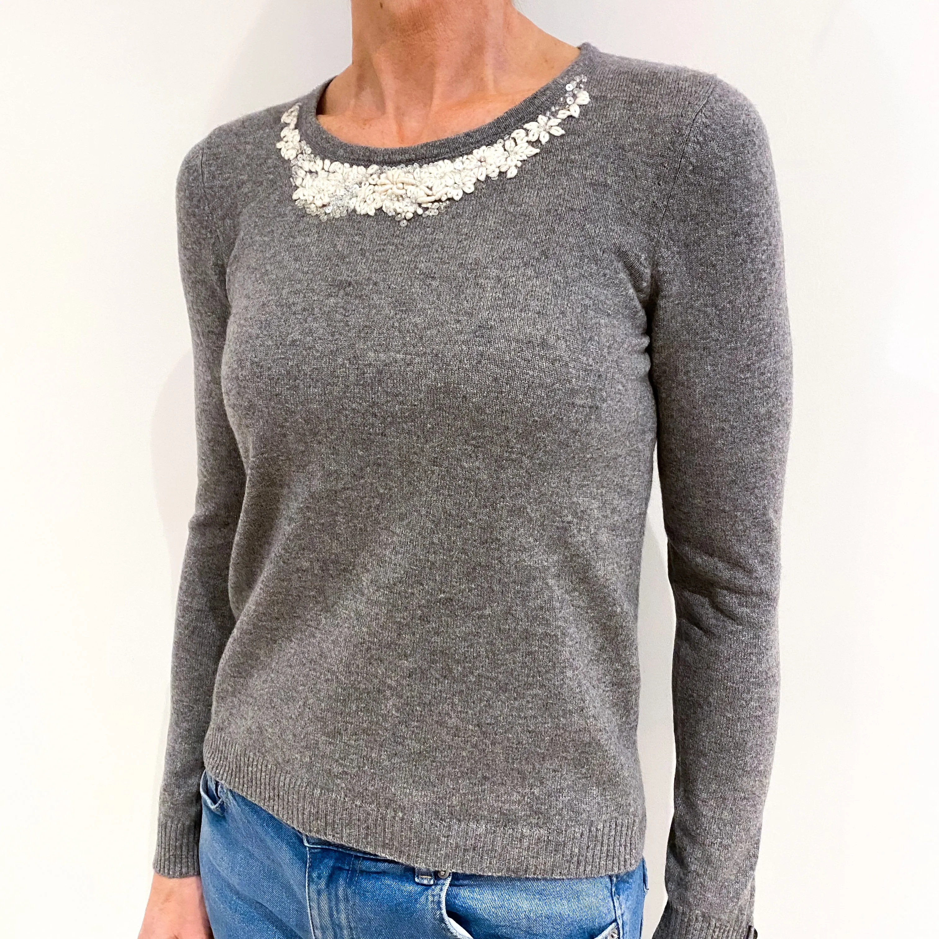 Ash Grey Cashmere Embroidered Crew Neck Jumper Small