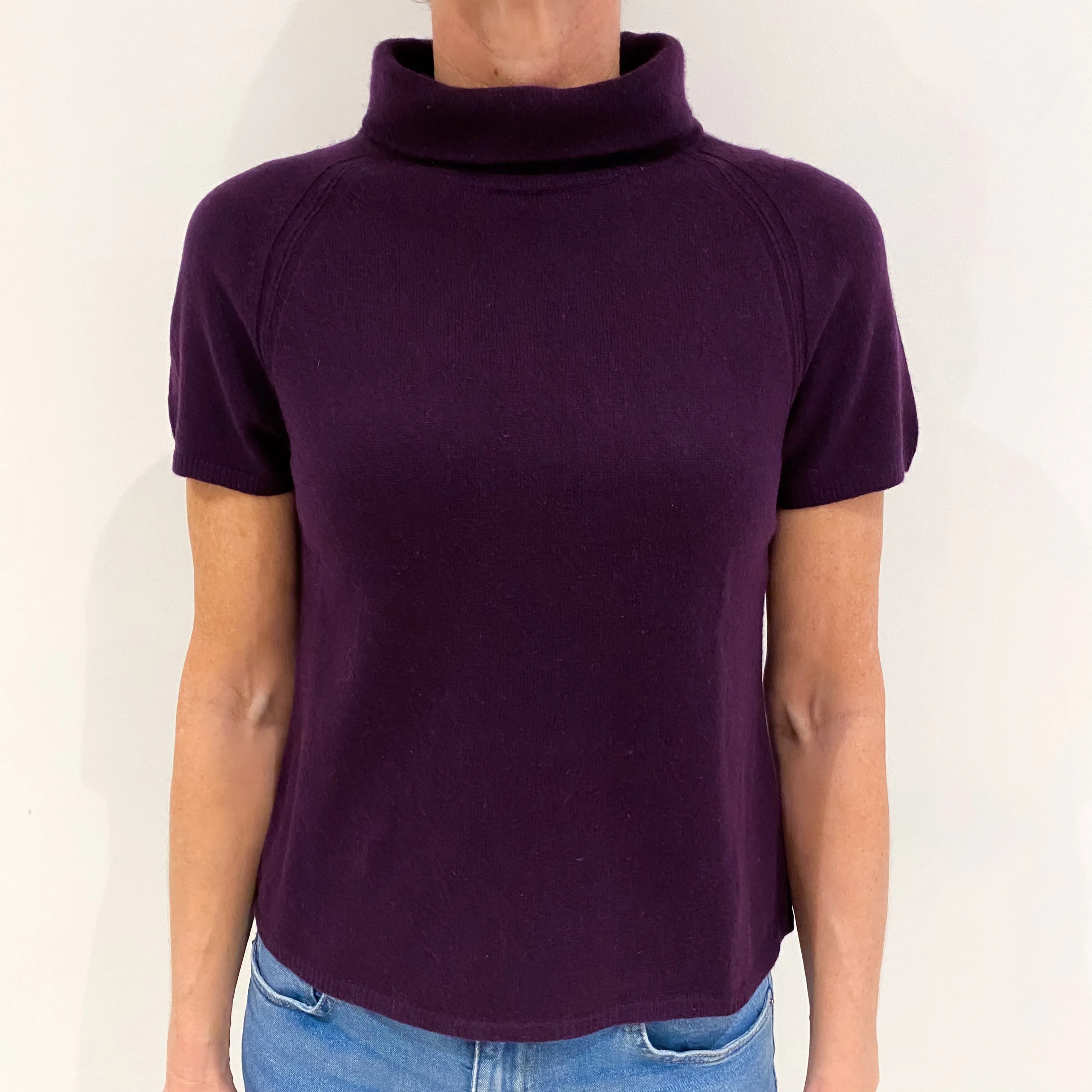 Aubergine Purple Cashmere Short Sleeved Funnel Neck Jumper Small