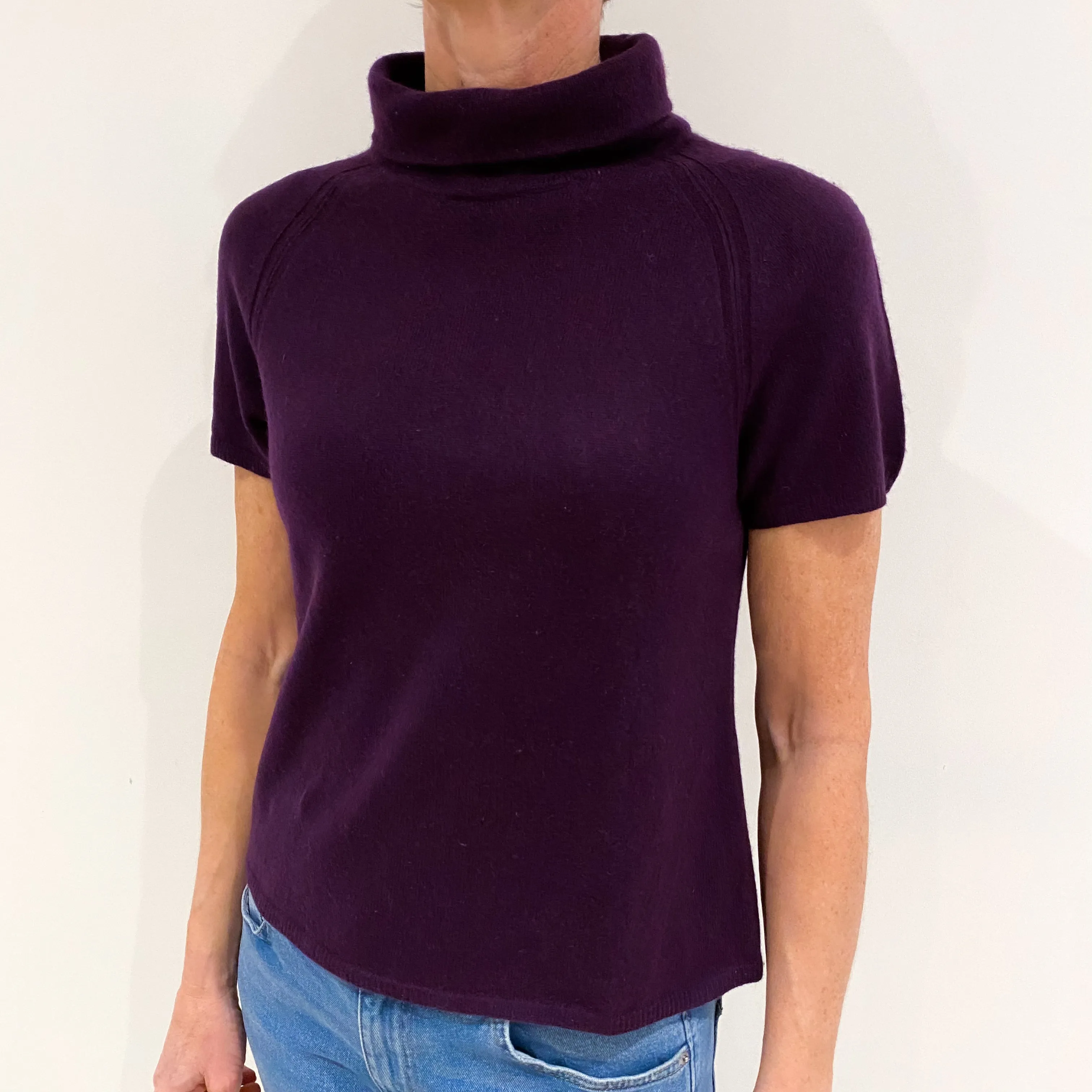 Aubergine Purple Cashmere Short Sleeved Funnel Neck Jumper Small