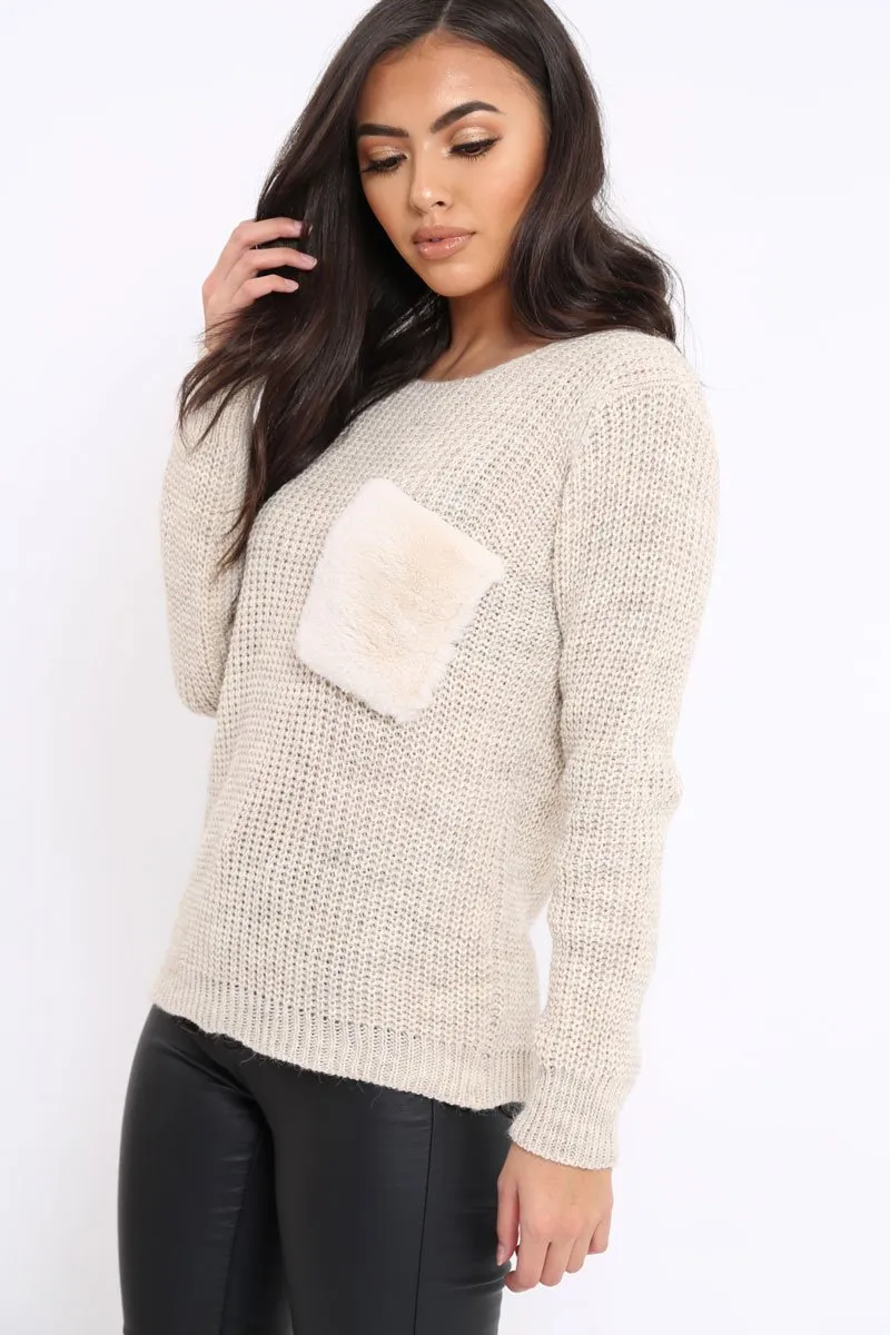 Beige Chunky Knit Fur Pocket Jumper - Alois