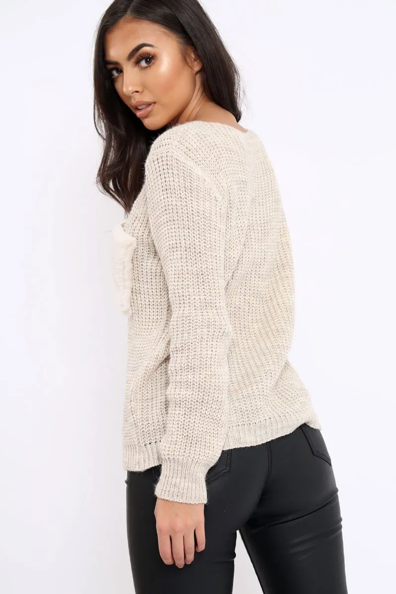 Beige Chunky Knit Fur Pocket Jumper - Alois