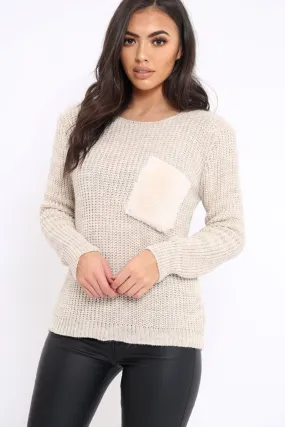 Beige Chunky Knit Fur Pocket Jumper - Alois