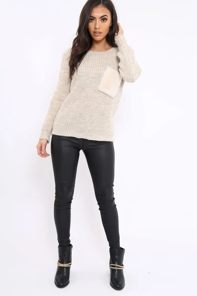 Beige Chunky Knit Fur Pocket Jumper - Alois