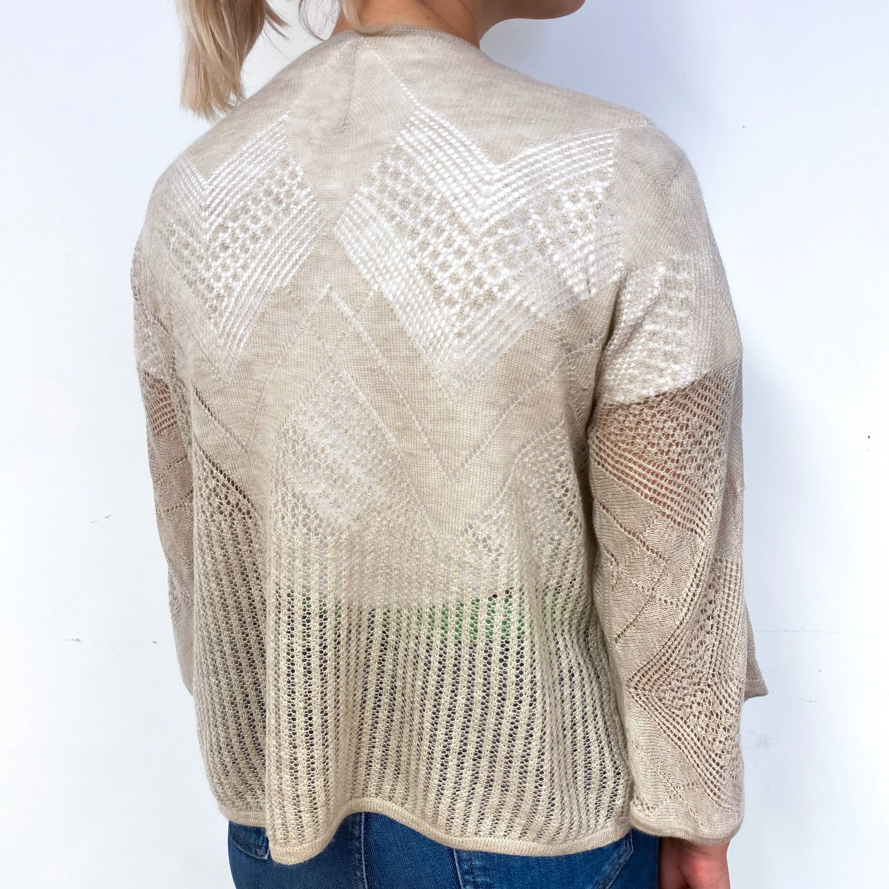 Beige Lace Knit Cashmere Edge to Edge Cardigan Small