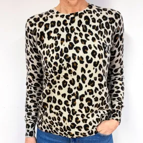 Beige Leopard Print Cashmere Crew Neck Jumper Medium