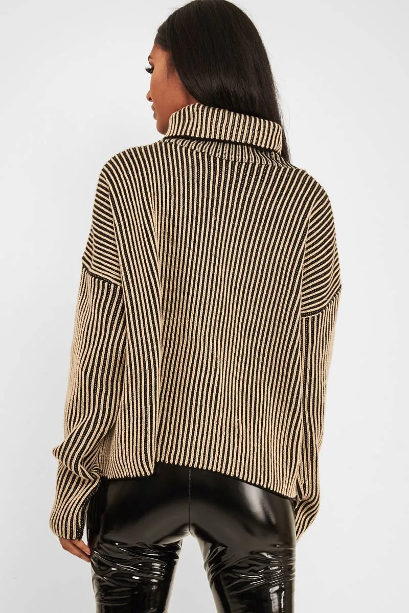 Beige Ottoman Rib Roll Neck Jumper - Renee