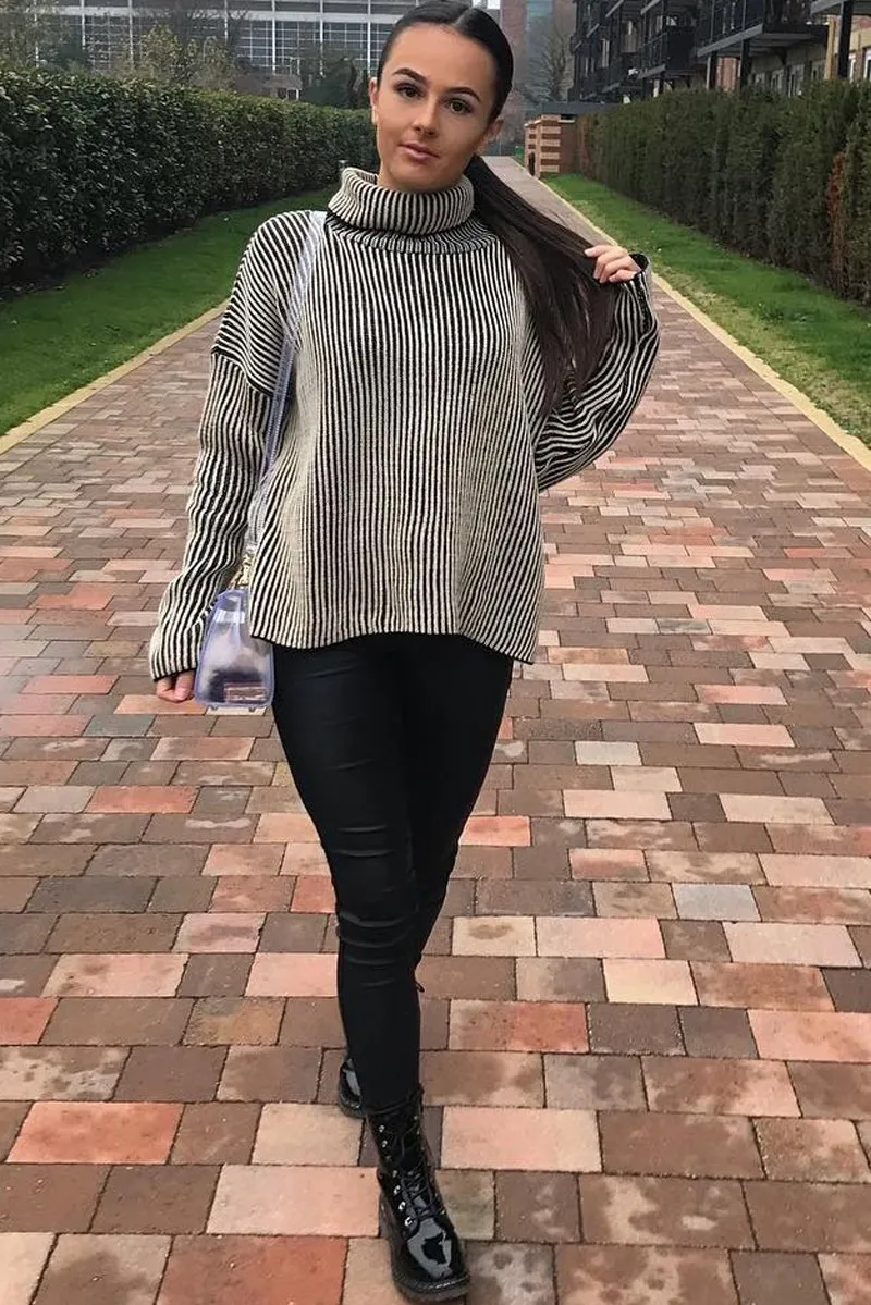 Beige Ottoman Rib Roll Neck Jumper - Renee