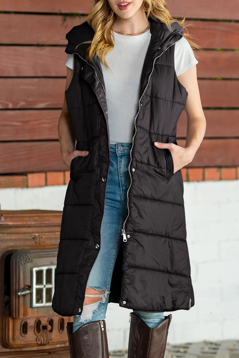 Black Hooded Pocketed Quilted Long Vest Coat