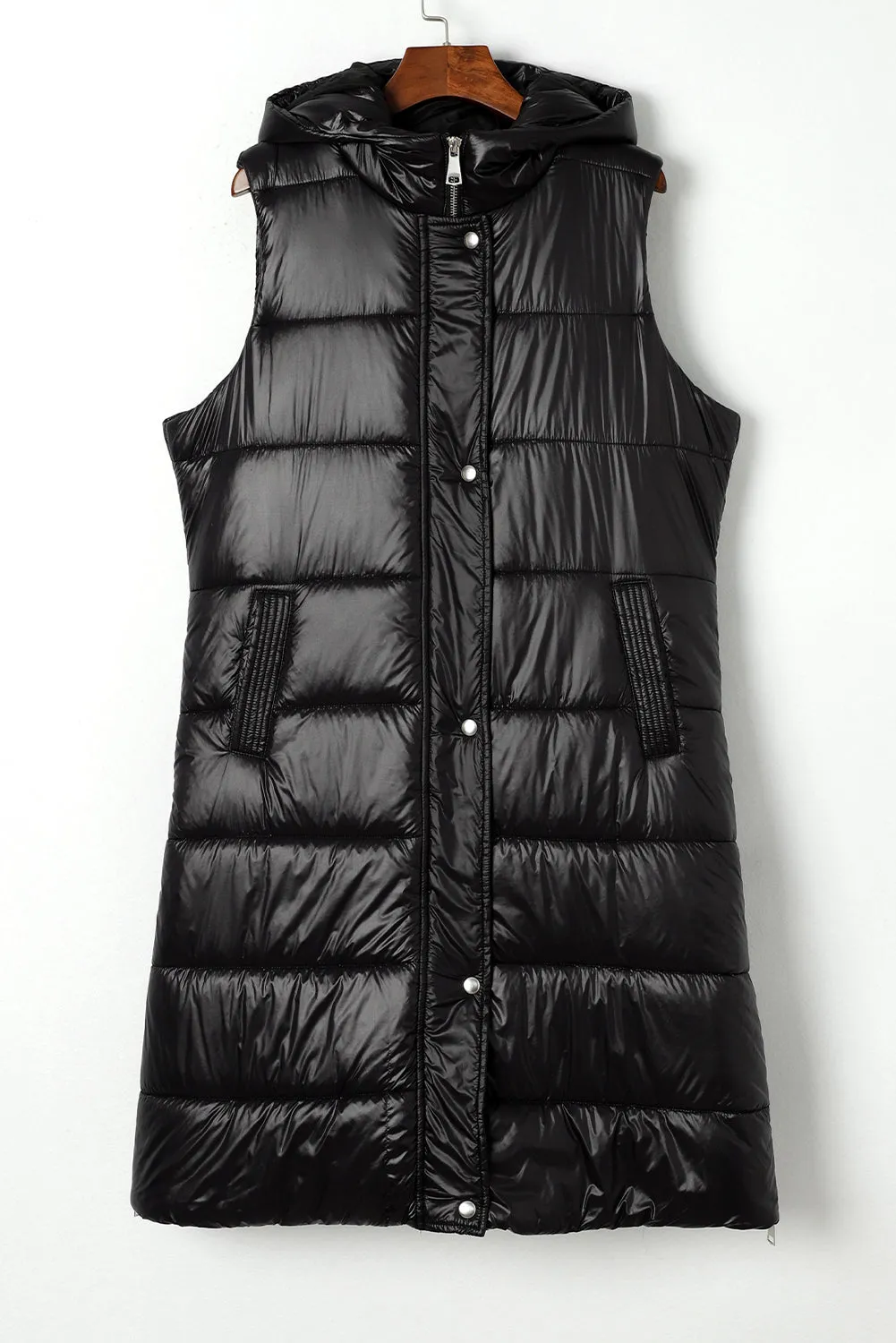 Black Hooded Pocketed Quilted Long Vest Coat