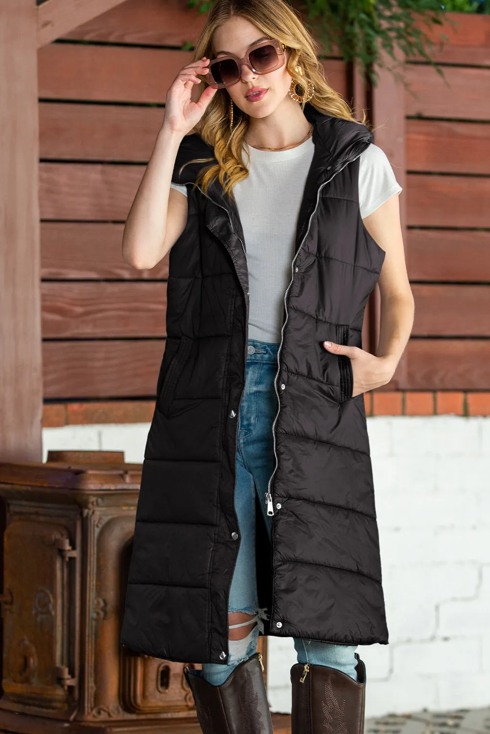 Black Hooded Pocketed Quilted Long Vest Coat