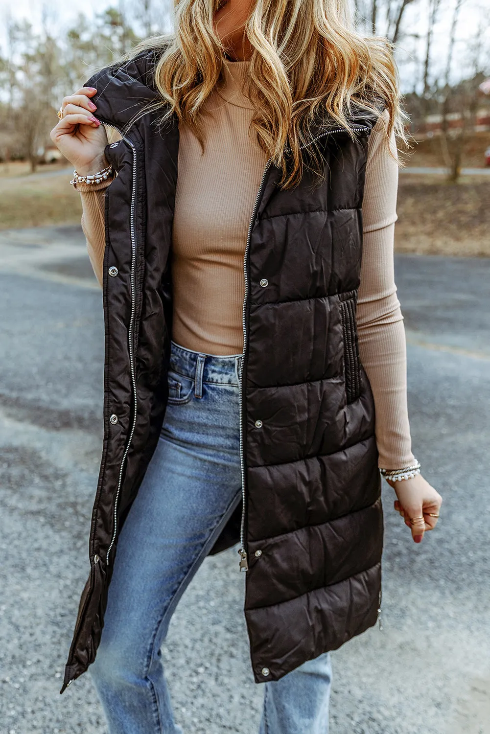 Black Hooded Pocketed Quilted Long Vest Coat