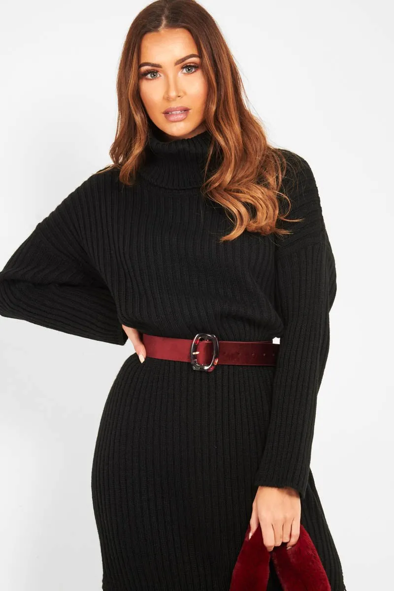 Black Knitted Roll Neck Jumper Dress - Cecily