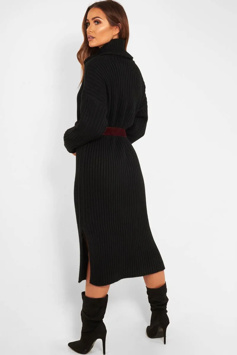 Black Knitted Roll Neck Jumper Dress - Cecily