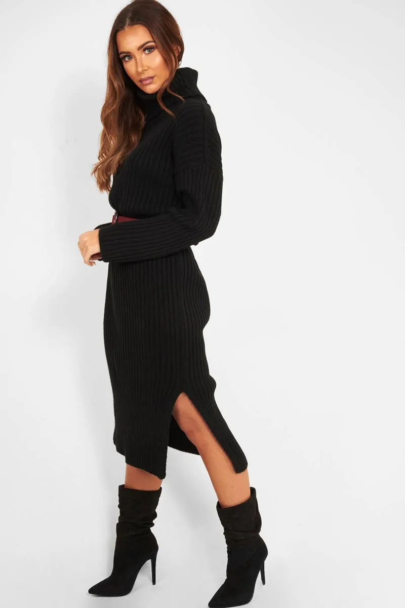 Black Knitted Roll Neck Jumper Dress - Cecily