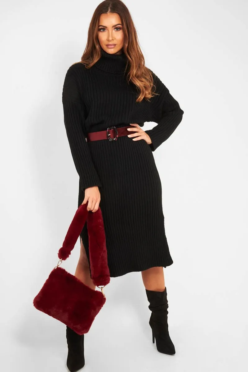 Black Knitted Roll Neck Jumper Dress - Cecily