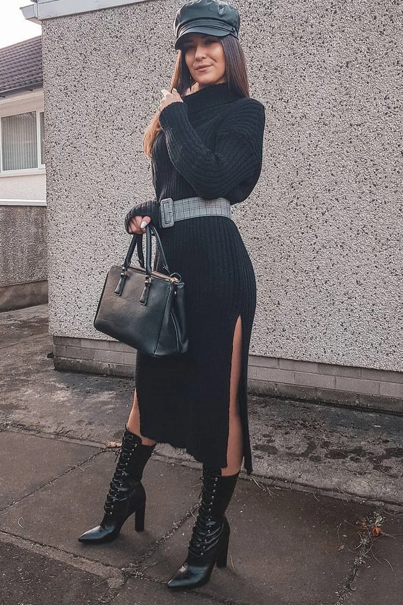 Black Knitted Roll Neck Jumper Dress - Cecily