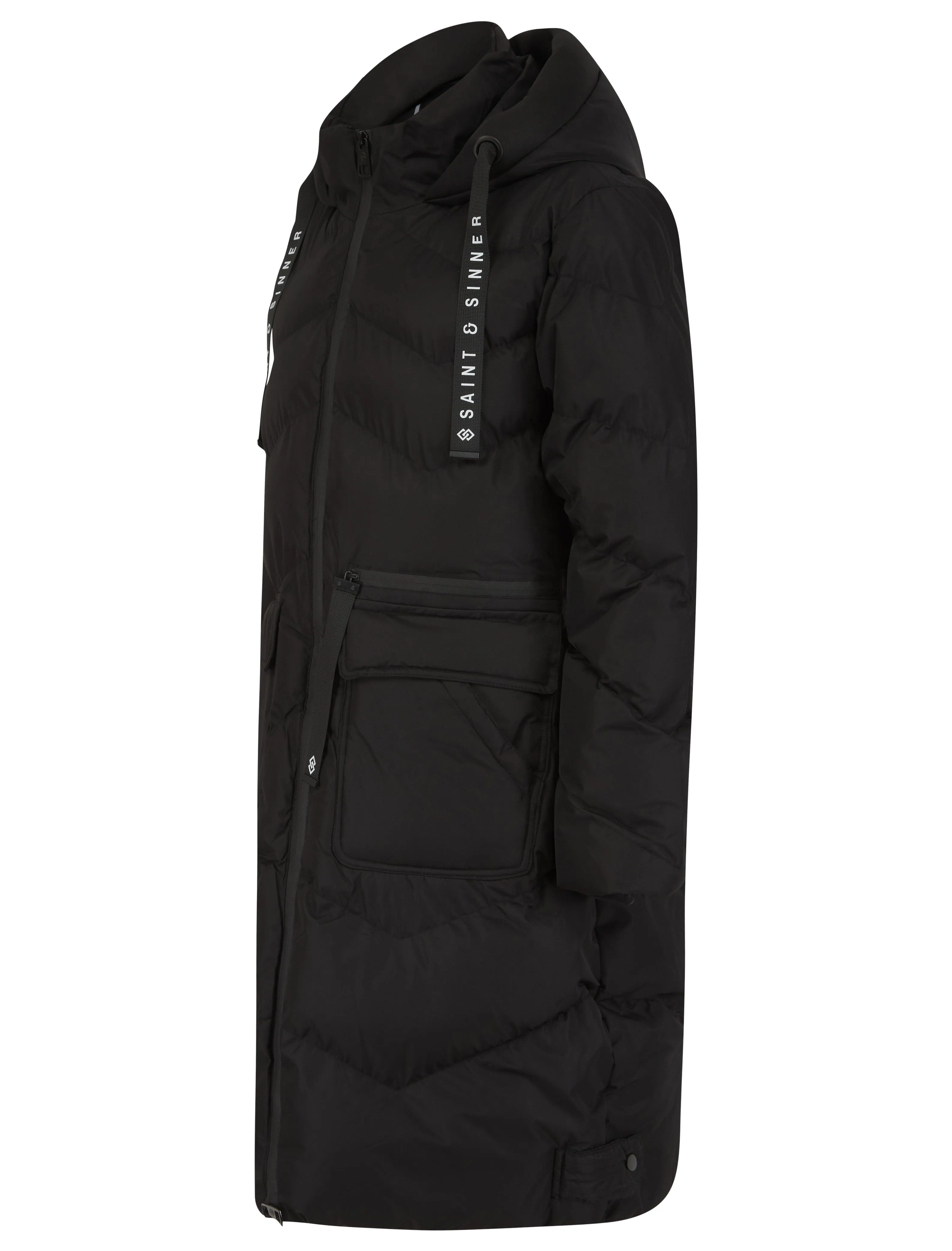 BLACK QUILTED HOODED FLAP POCKET PUFFER COAT