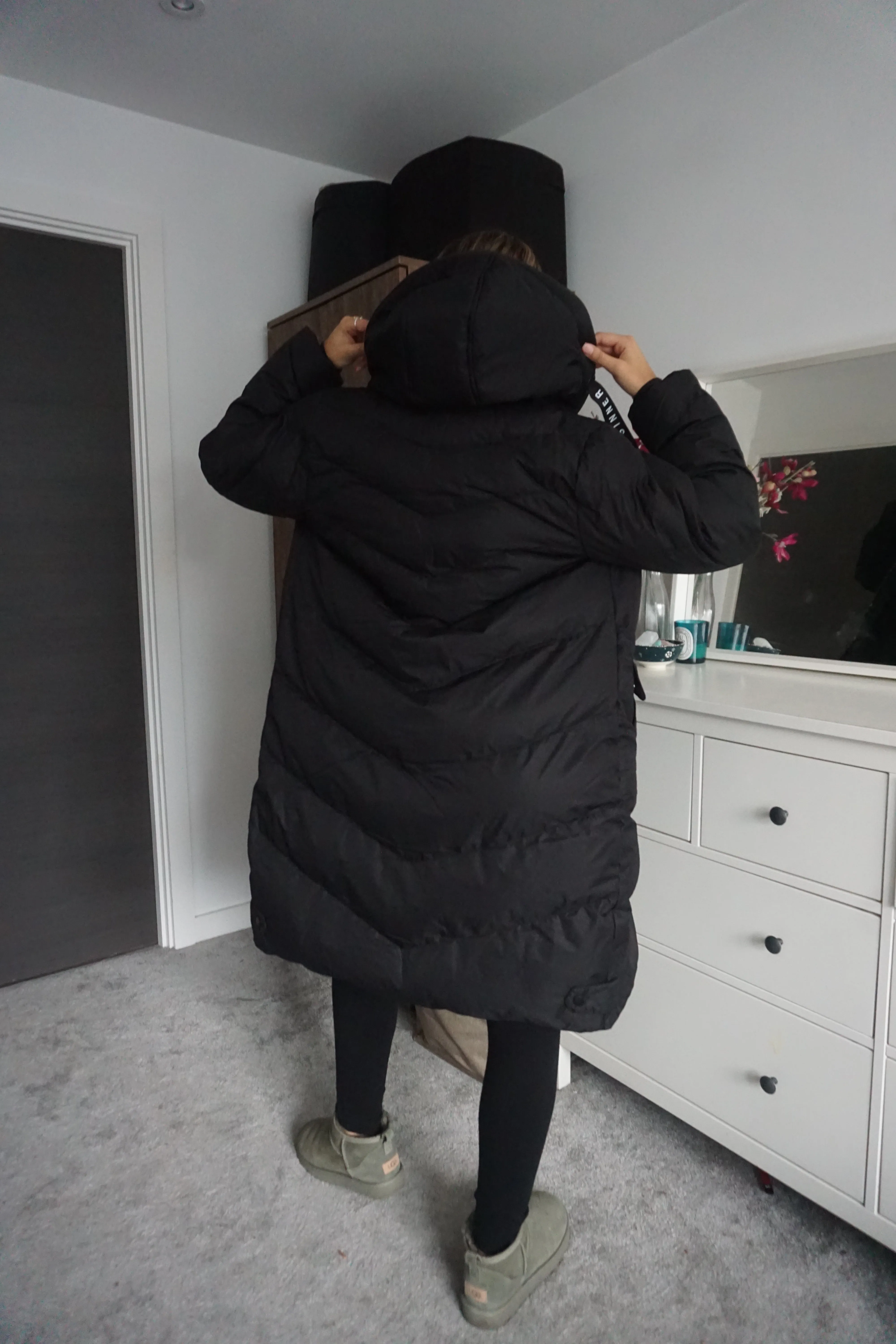 BLACK QUILTED HOODED FLAP POCKET PUFFER COAT