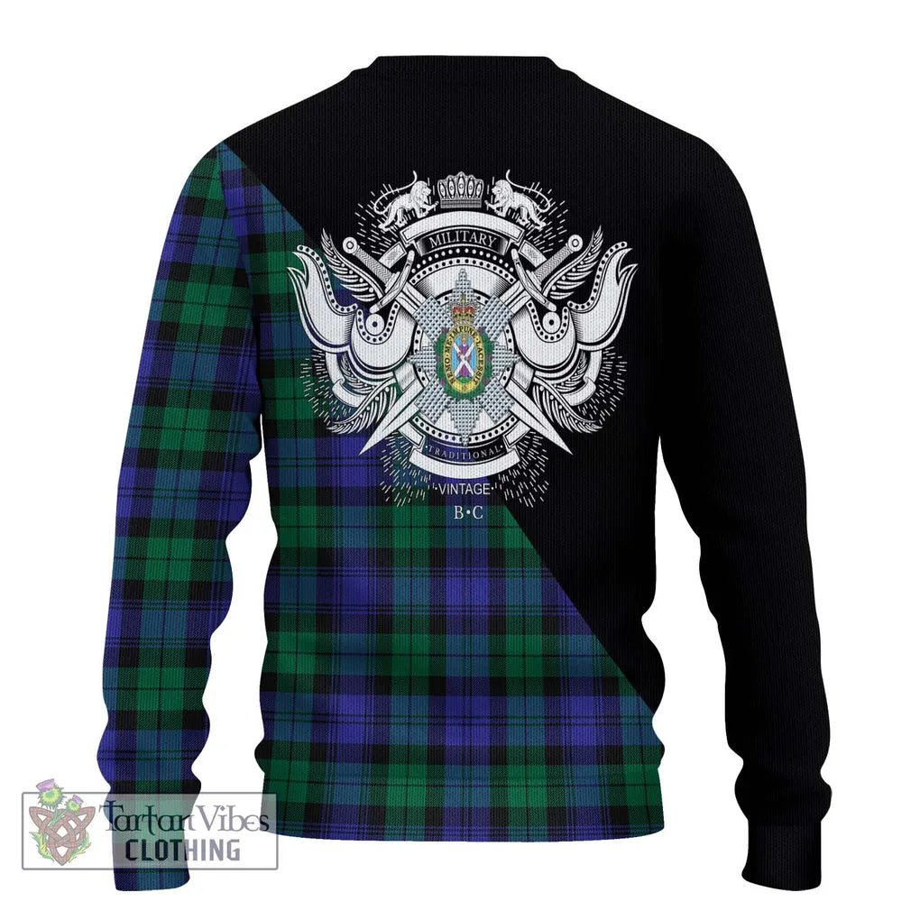 Black Watch Modern Tartan Ugly Sweater with Family Crest and Military Logo Style