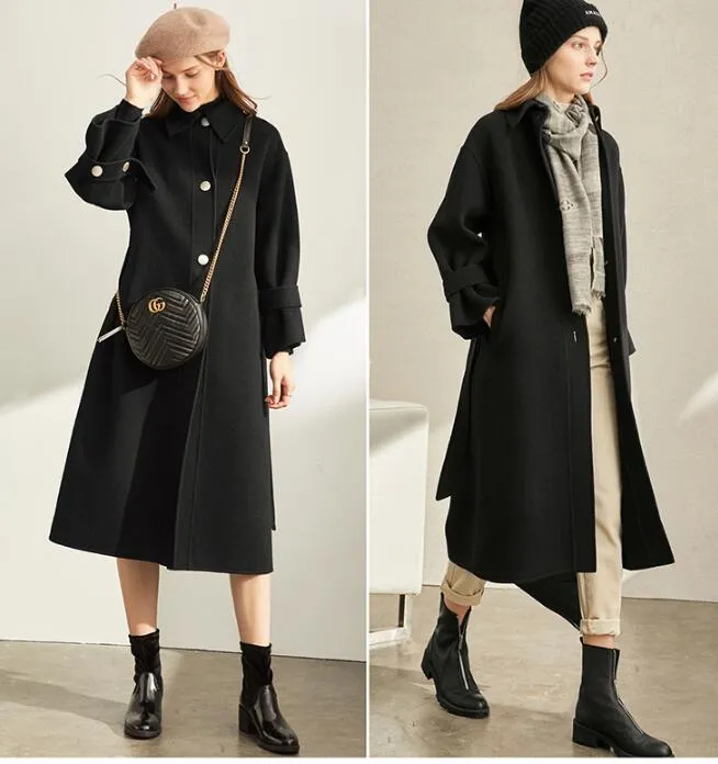 Black Woolen Winter Coat, Long Women Handmade Wool Coat Jacket/0022