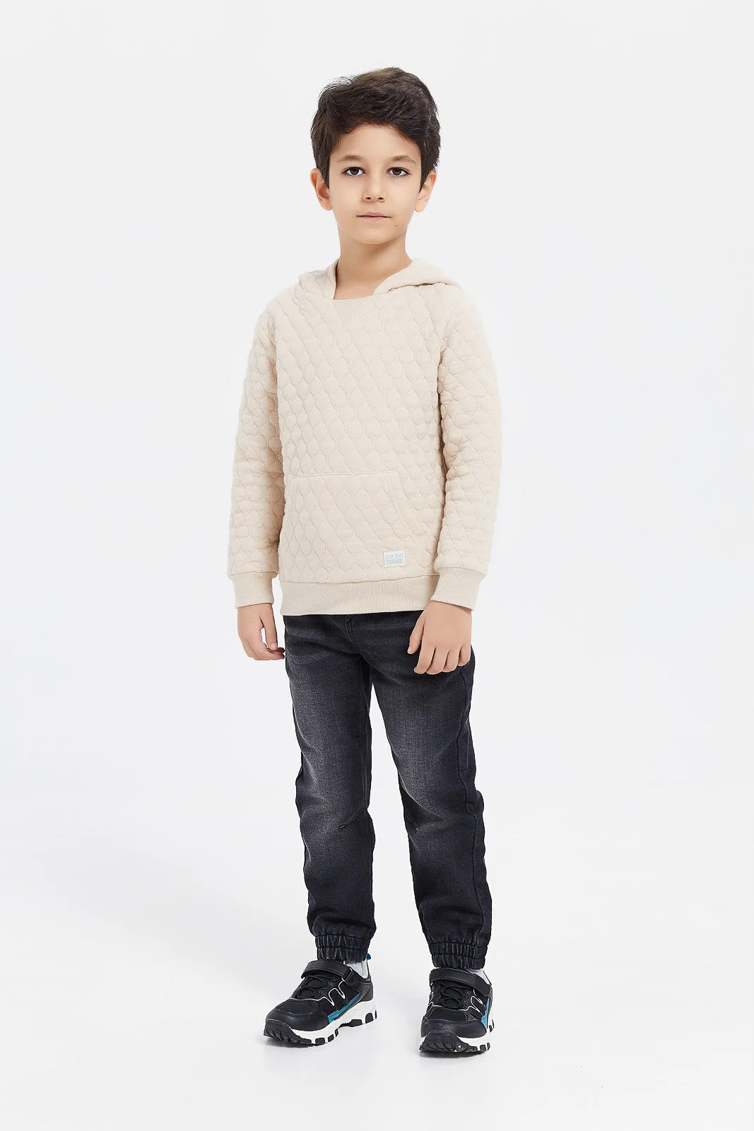 Boys Biege Quilted Hooded Sweatshirt