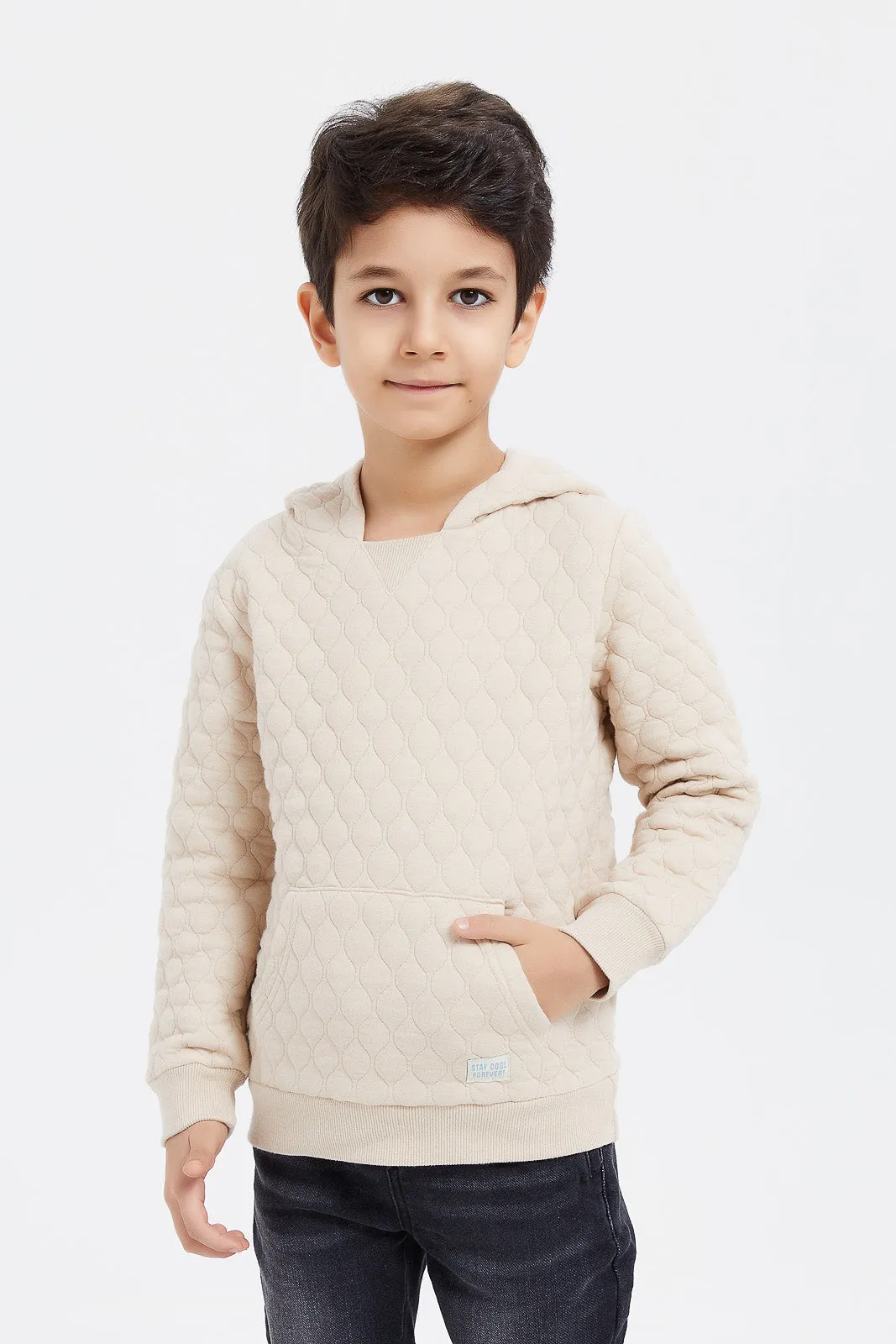 Boys Biege Quilted Hooded Sweatshirt