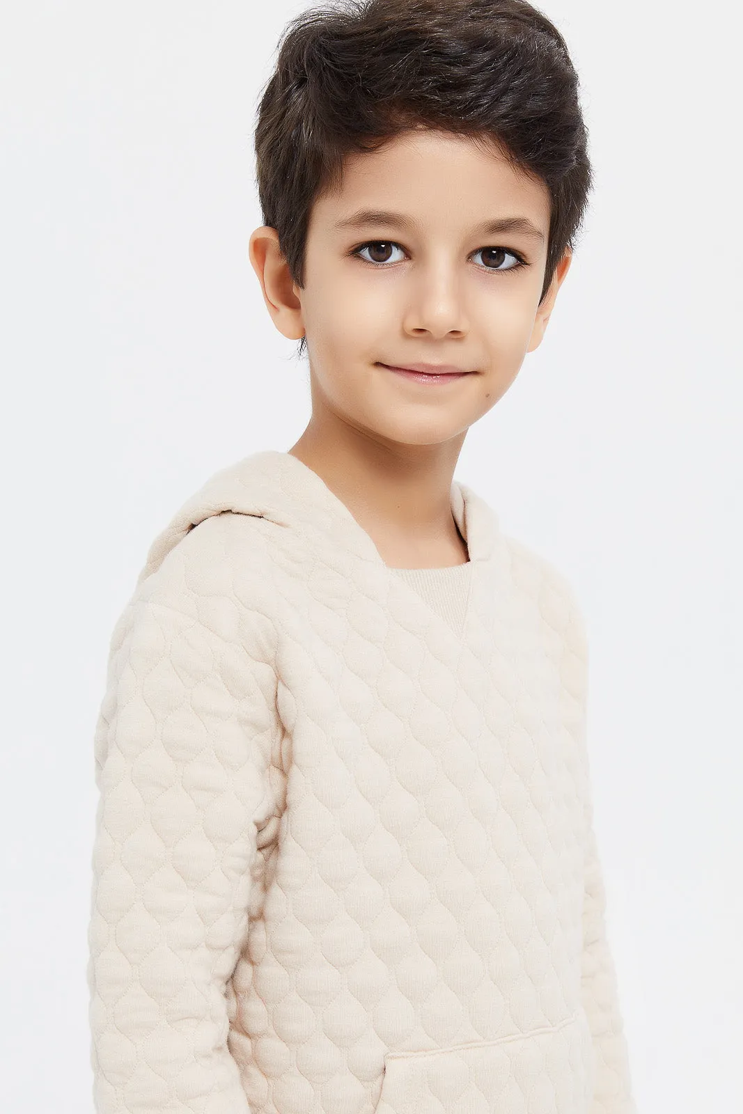 Boys Biege Quilted Hooded Sweatshirt