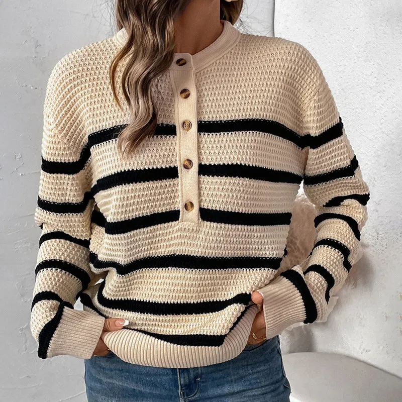 Button-detachable Striped Lazy Loose Sweater