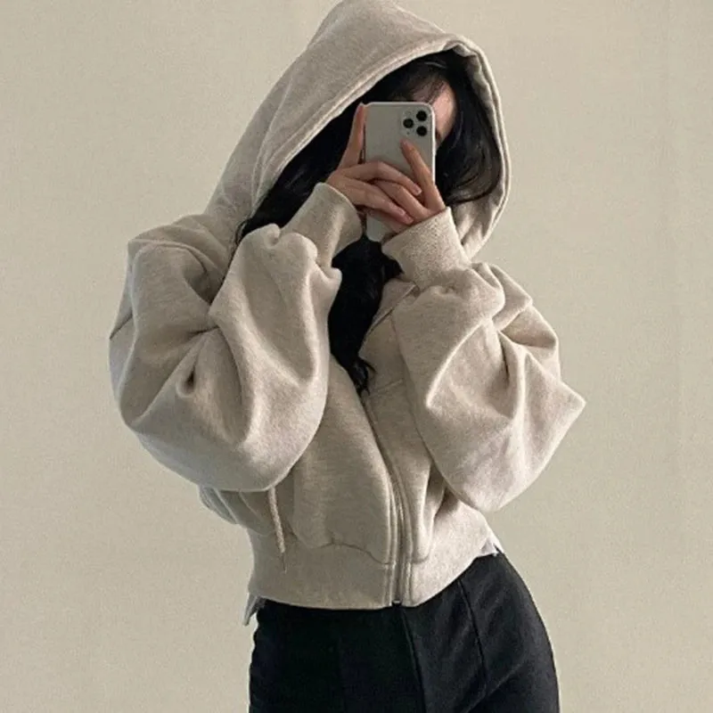 Casual Hood Sweatshirt Women Y2K Zip Up Hoodies Solid Harajuku Long Sleeve Shirt Oversized Crop Tops Female Loose Jackets Coat