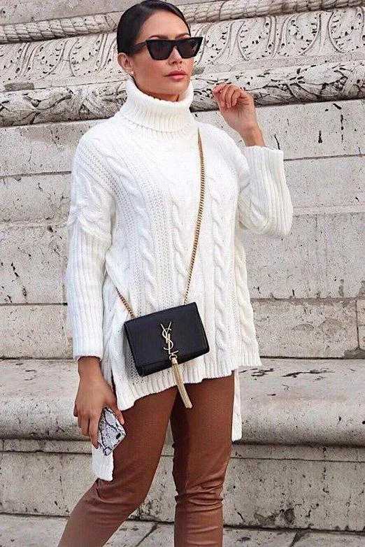 Cream Cable Knit Roll Neck Jumper - Laraina