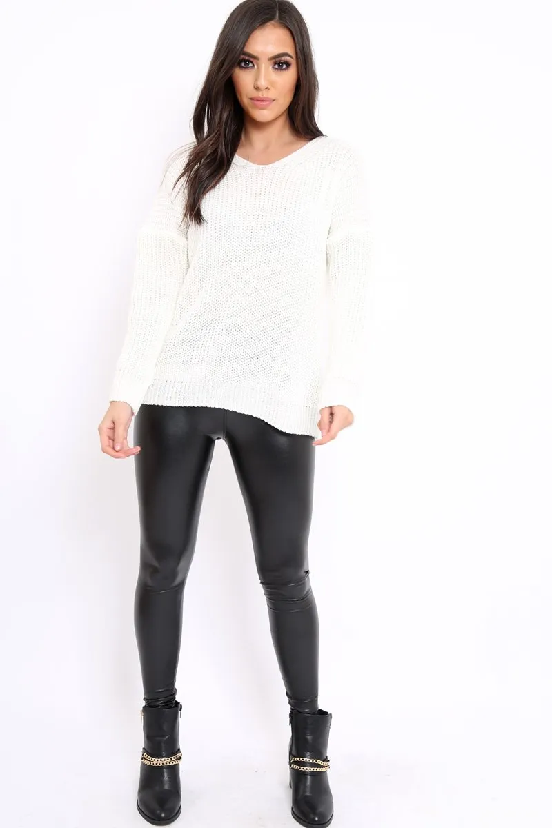 Cream Chunky Knit Lace Up Back Jumper - Perrie